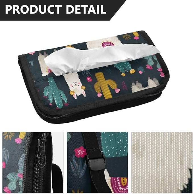 Car Tissue Holder Car Napkin Holder Car Tissue Box Dispenser Storage Case Sun Visor Mask Holder with Adjustable Straps Reusable Refillable White Llama Green Cactus