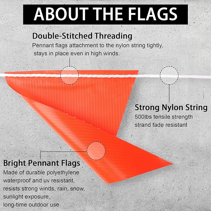 Pennant Safety Flags, Flagging Banner Warning Flags, Marking Flag on String for Parking Lot Events, Traffic Barrier Line, Yard Roof Perimeter, Boundary Construction Workplace 100ft 7x10inch