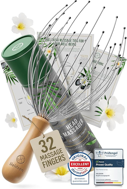 HELDSON® Premium Wire Head Massager Scalp Massage Tool - 32 Fingers Octopus Scratcher - Stress Relax Tickler - Hair Massagers Whisk - Headspa Equipment - Headscratcher Tickle Tools - Gift Men, Women