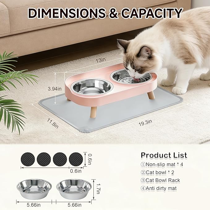 Elevated Cat Bowls with Food Mat, Splash Proof Anti Vomiting Raised Cat Food and Water Bowl Set, 2 Stainless Steel Dishes for Cats and Puppy, Pet Bowl for Indoor Cats Pink
