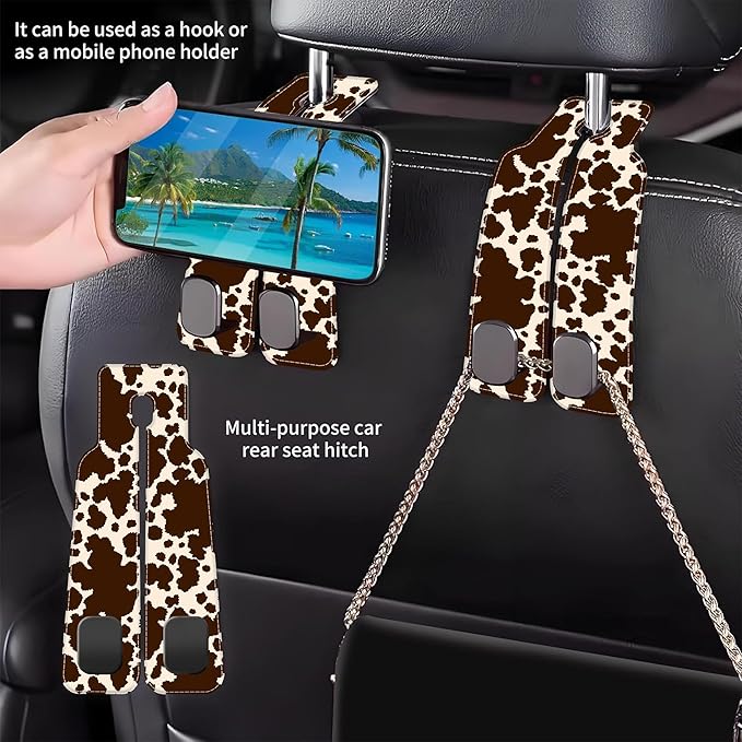 AEWNUNK 1 Pack Car Seat Headrest Hooks for Purses and Bags Camouflage Brown Cow Skin Bag Purse Holder for Car with Double Metal Hooks Car Purse Hanger Hanging Accessories