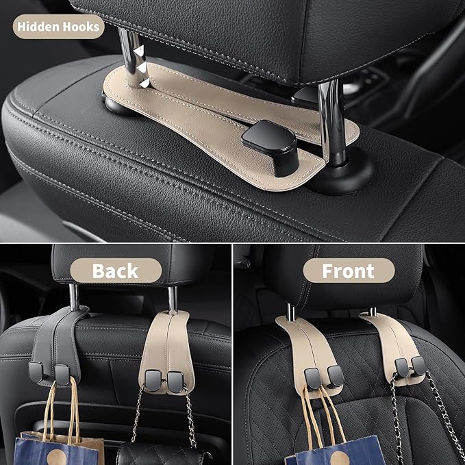 2 Pack KAFANLIN Car Headrest Hooks for Purses and Bags Cute Leather Car Seat Back Head Rest Double Hooks for Bags Cute Pink Beige Car Accessories Headrest Back Seat Handbags Hook (Gray 2 Pack)