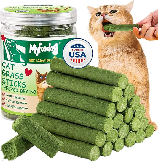 Freezed Drying Cat Grass Stick, Cat Grass Teething Sticks Snacks for Cats, Edible Dry Cats Treats for Teeth Cleaning and Hairball Removal, Made in USA