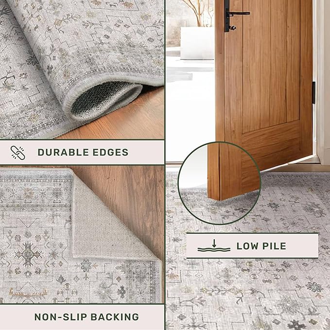 Light Gray Kitchen Rug 12 ft Long - Modern Boho Eclectic Floral Geometric Decor, Washable Low Pile Non-Slip Extra Long Wide Runner Rugs for Hallway, 3x12