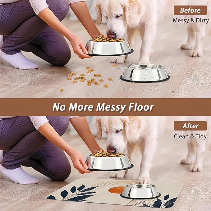 Sun Boho Leaf Dog Cat Food Mat,Absorbent Pet Feeding Mat for Food and Water,Non-Slip Dog Bowl Mats Floor Protector 12"x20"