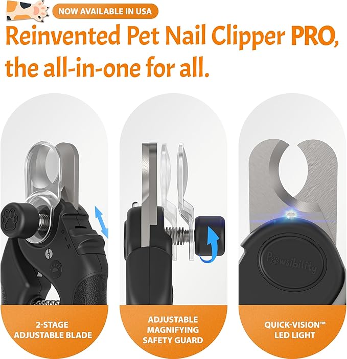 Pet Nail Clipper PRO 2026 - Quick-Vision LED Light | 2-Stage Adjustable Professional-Grade Blade | Adjustable Magnifier Safety Guard - for Cats, Small, Medium and Large Dogs - Black
