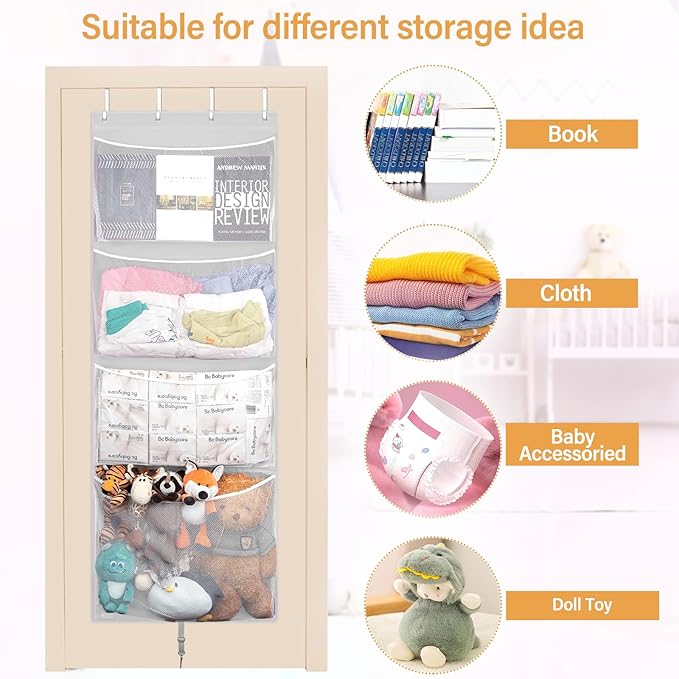 Hanging Stuffed Animal Storage, Over Door Large Plush Toy Organizer with Metal Hook, Baby Accessory Holder Idea for Nursery, Doll & Bear Mesh Hammock Bag for Girl Boy Kid Room