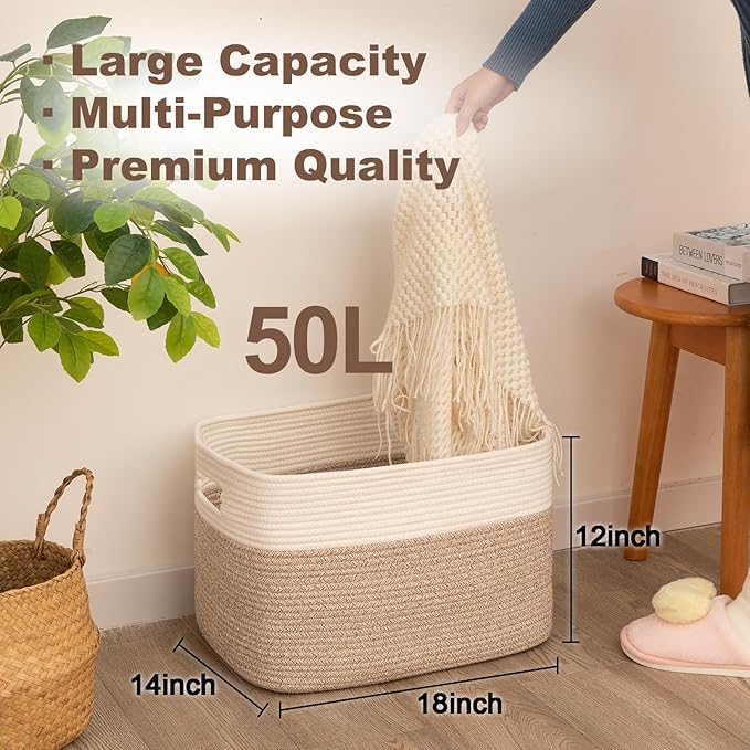 SIXDOVE Blanket Basket, Cotton Rope Woven Storage Basket for Living Room, Toy Bin for Kids, Nursery, Baby Room Decorative Organizer, 18''×14''×12'', Brown & White