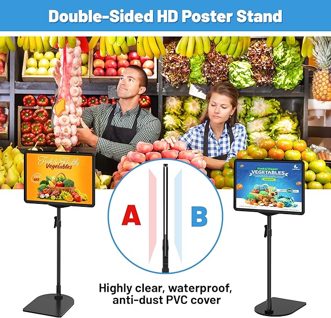 Sign Holder Stand 8.5 x 11, Adjustable Poster Stand for Table Top & Floor, Signage Display Stands, Floor Standing Sign Holder for Advertisement, Tradeshow, Store, Business, 2 Pack