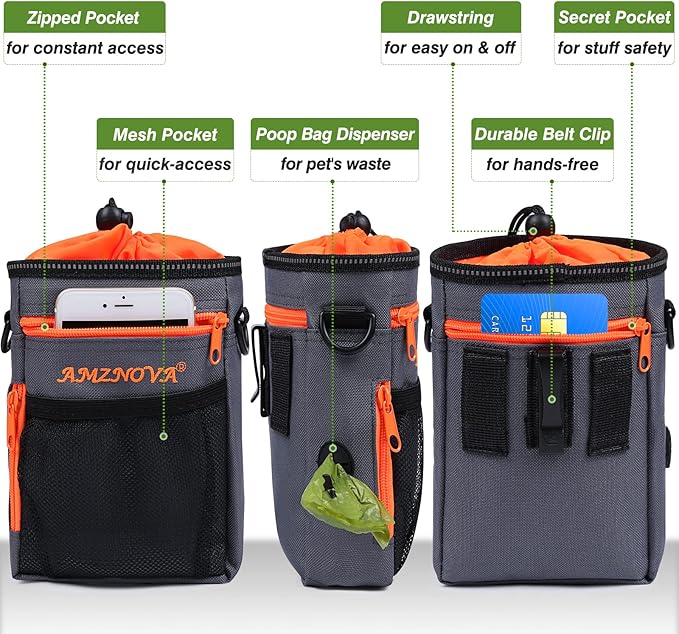 AMZNOVA Dog Treat Bag Treatkit Dog Treat Pouch, Waist Clip On Crossbody Fanny Pack for Pet, Training Pouch with Shoulder Strap & Waist Belt for Walking & Training, 6Cups, Grey