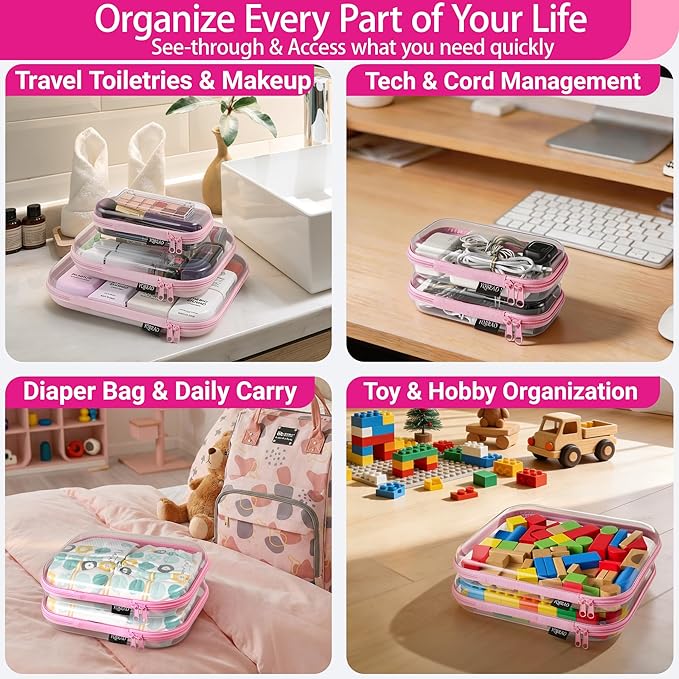 YQBRAO 4-Pack Clear Diaper Bag Organizer Pouches, 1.2mm Ultra-Thick PET Travel Pouches for Toiletries & Makeup, Rigid Self-Standing Bags with YKK Zippers, TSA Approved (Pink)