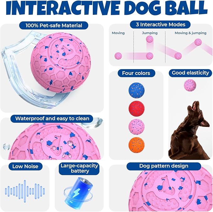 Fsitego Dog Balls: Interactive Dog Ball Auto Rolling - Interactive Dog Toys for Aggressive Chewers - Bouncy & Throwable, Type-C Rechargeable, Washable, for Small & Medium & Large Dogs – Pink