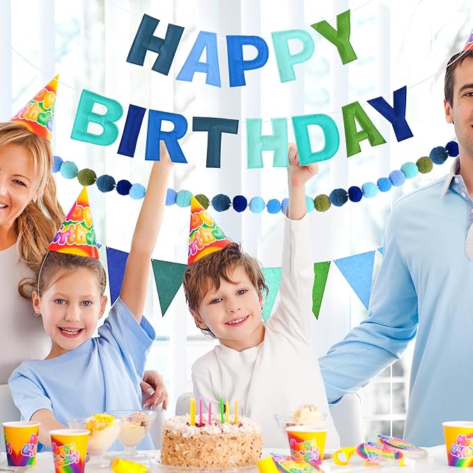 CANREVEL Pre-Strung 3D Happy Birthday Banner, 3 PCS Blue Felt Garland, Pom Pom Garland, Triangle Fabric Bunting, Reusable Blue Birthday Decorations for Boys Men