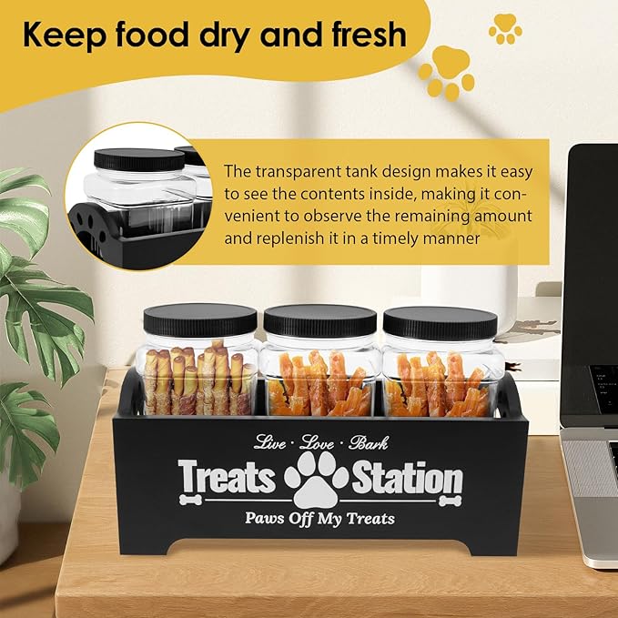 KarHoeGern Dog Treat Container for Countertop Dog Food Storage with 3 Plastic Treat Jars Wood Dog Food Container with Handles and Lids Farmhouse Practical Pet Cat Dog Treat Storage Containers (black)