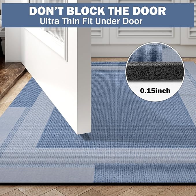 Non Slip Bath Mat, Rubber Backing Ultra Thin Bathroom Rugs Fit Under Door Quick Dry Super Absorbent Washable Bath Rug Shower Mat for Bathroom Floor Bathtub Shower Sink, Easy Care Blue 16"x 24"