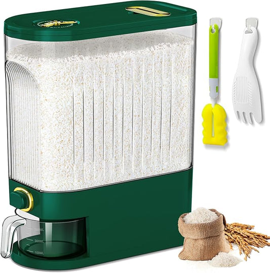 22 Lbs Rice Dispenser, Large Dry Food Storage Container with with Measuring Cup & Time Scale, Food Dispenser Kitchen Organization and Pantry Store for Cereal Dry Food (Green)