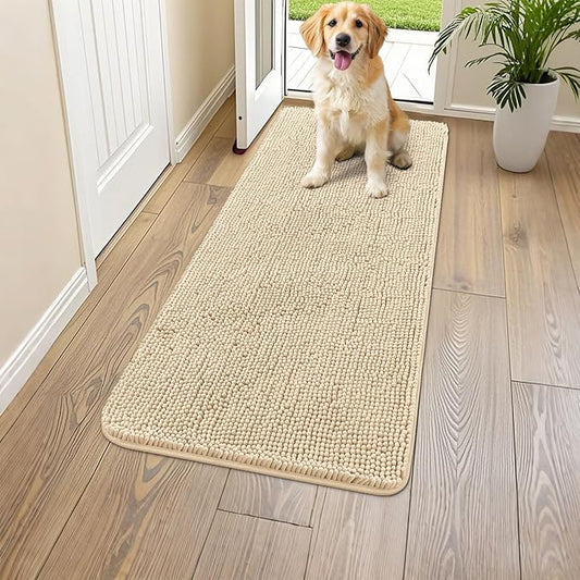 Smiry Dog Door Mat for Muddy Paws 44x24, Absorbs Moisture and Dirt Doormat, Non-Slip Washable Quick Dry Chenille Front Door Mat Indoor Entrance, Entryway Carpet for Inside Floor, Beige