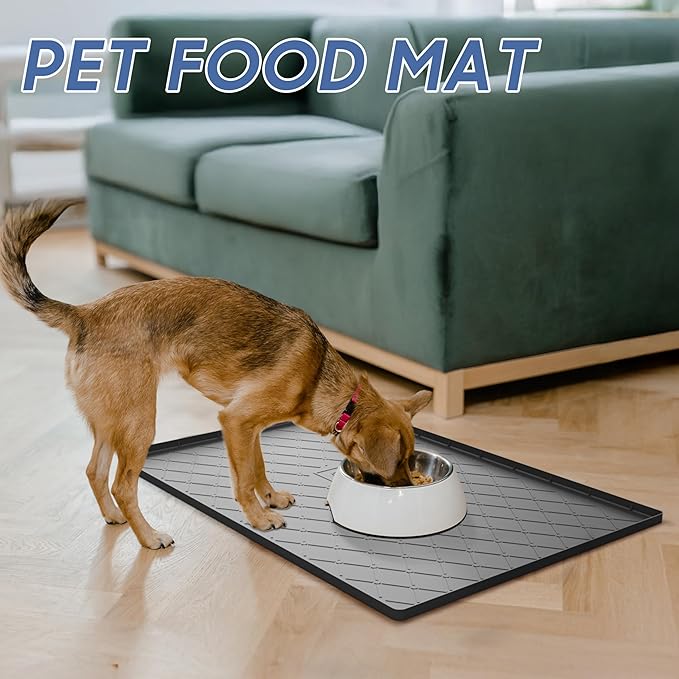 URMONA Large Dog Food Mat, 28" x 22" Pet Food Mat, Waterproof Dog Cat Food Mat with Raised Edges, Silicone Pet Food Mat, Dog Accessories, Prevents Food Spills, Protects Floors（Beige）