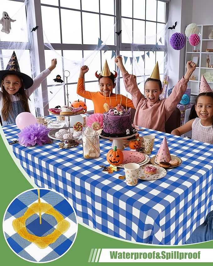 Smiry 12 Packs Gingham Disposable Table Cloth, 54 x 108 Inch Waterproof Plastic Tablecloth, Rectangle Blue and White Checkered Table Covers for Picnic, Birthday, Party