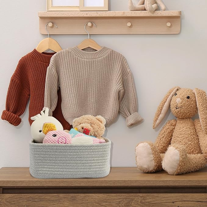XUANGUO Small Woven Storage Baskets 13“X9”X5“ Decorative Rope Bins for Organizing Shelves, Closets, and Toys, Empty Gift Baskets, Cute Organizer Basket for Home and Office (grey, Large)