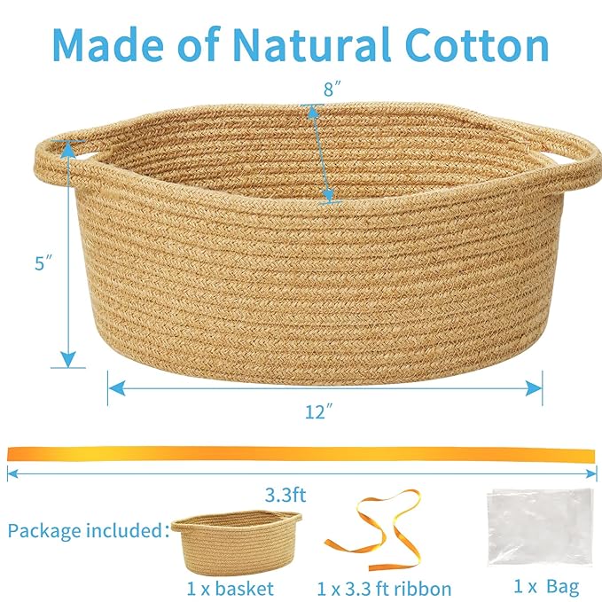 ABenkle Small Basket with Gift Bags and Ribbons, Empty Gift Baskets for Mother's Day, Decorative Boho Rope Woven Nursery Storage Organizer Toy Baskets with Handle for Baby Showers, 12"X 8" X 5"