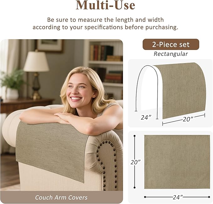 SPWIY Couch Arm Covers Linen Chair Arm Covers Washable Stain Resistant & Anti-Scratch Furniture Protector for Sofa 2 Pieces Recliner Armrest Cover for Pets, Coriander, 20" W x 24" L