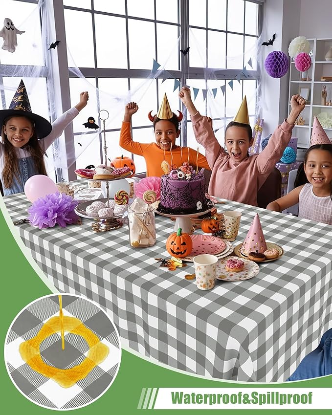 Smiry 12 Packs Gingham Disposable Table Cloth, 54 x 108 Inch Waterproof Plastic Tablecloth, Rectangle Grey and White Checkered Table Covers for Picnic, Birthday, Party