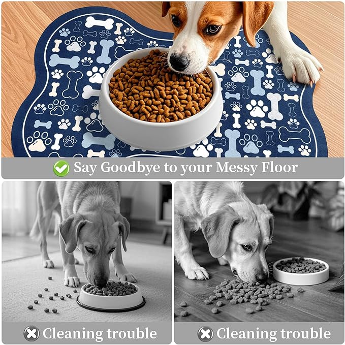 Dog & Cat Food Mat Bone Shaped Pet Feeding Mat Quick Absorb Water Bowl Placemat with Rubber Backing Indoor Floor Stain Resistant Pet Accessory Supplies (Blue, 12x24 Inches)