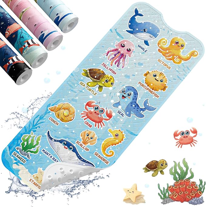XIYUNTE Baby Bath Mat for Tub Non Slip Kids Bath Mat - 40"x16" Extra Long Bathtub Mat Non Slip Kids, Eco-Friendly Toddler Bath Mats with Suction Cups for Secure Grip, Easy to Clean & Easy Drying