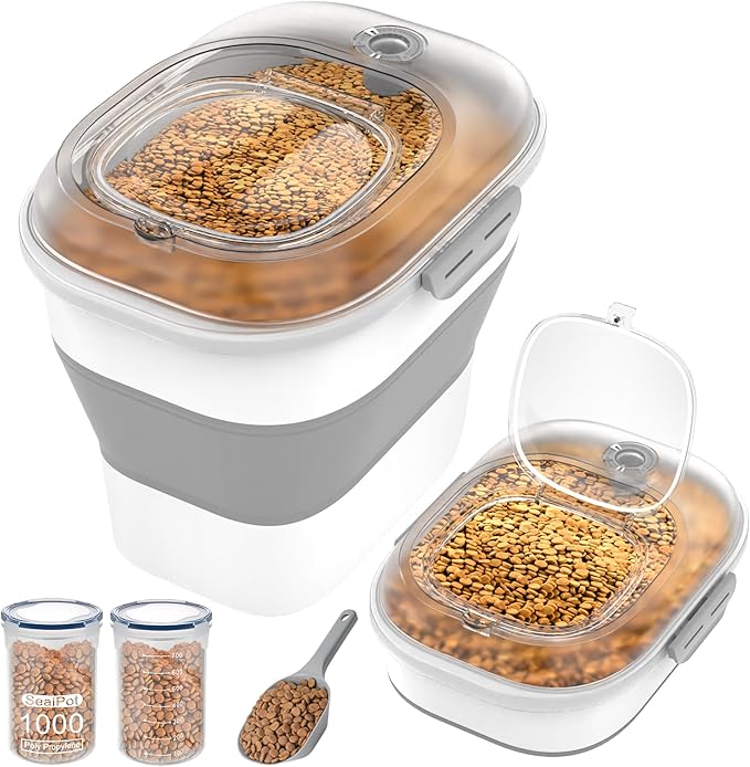 DDMOMMY 32-35 Lbs Dog Food Storage Container,Collapsible Dog Food Container with Transparent Airtight Lid,Wheels,Date Track,Pet Food Storage Container for Rice,Flour,Sugar,Scoop And 2PCS Containers