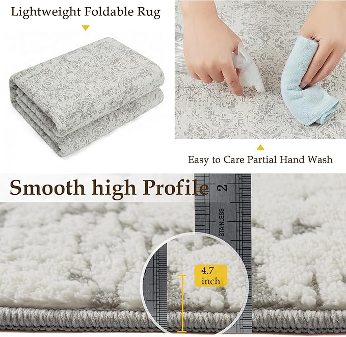 6x9 Fluffy Area Rug Grey Shag Neutral Carpet for Living Room Soft Medium Pile Floral Rug for Bedroom Dorm Office Dining Room Kitchen Nursery Modern Decor