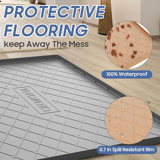 URMONA Large Dog Food Mat, 34" x 22" Pet Food Mat, Waterproof Dog Cat Food Mat with Raised Edges, Silicone Pet Food Mat, Dog Accessories, Prevents Food Spills, Protects Floors（Beige）