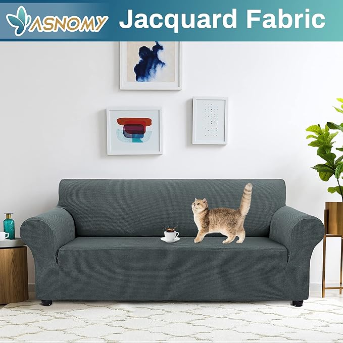 Asnomy Couch Covers for 3 Cushion Couch Stretch Sofa Covers Slipcovers, Pet Protector Furniture Covers for Dogs Cats Spandex Jacquard Fabric Small Checks （Large，Gray）