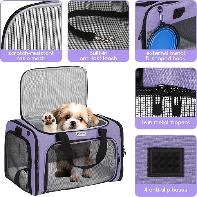 Pet Carrier for Cats & Small Dogs, Travel Carrier with Anti-Collapse Support, Chew Resistant Buckles, Luggage Sleeve, Multi-Pocket Storage, Reversible Mat & Bowl (Purple, Medium (17.5"x11"x11.5"))
