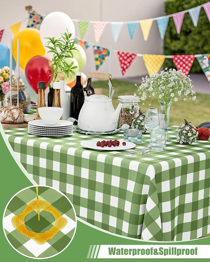 Smiry 8 Packs Gingham Disposable Table Cloth, 54 x 108 Inch Waterproof Plastic Tablecloth, Rectangle Sage Green and White Checkered Table Covers for Picnic, Birthday, Party