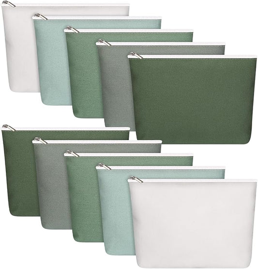 Reginary 10 Pcs Valentines Canvas Makeup Bags Bulk for Women Travel Toiletry Cosmetics Bags Blank DIY Pencil Pouch, Gift for Valentines Patrick's Day Wedding Bridal Shower Coworker(Green)
