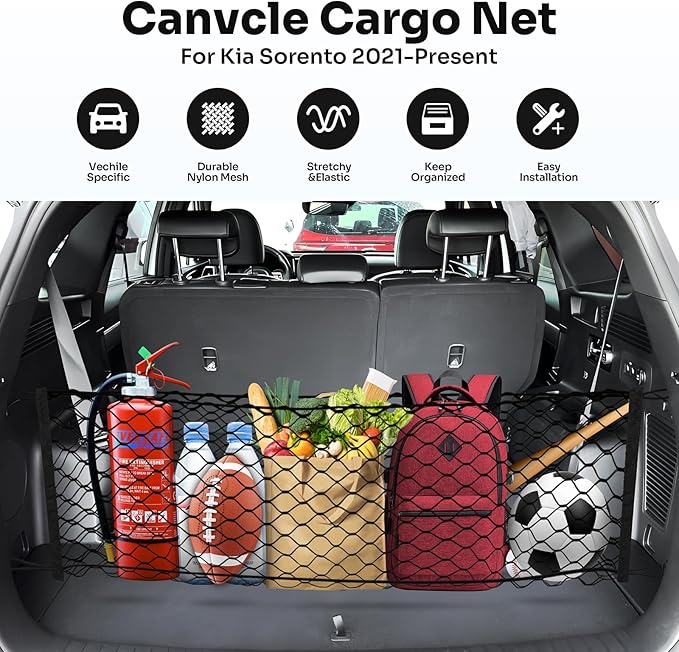 Trunk Cargo Net for 2014-2025 2026 Kia Sorento Accessories Envelope Style Mesh Trunk Net Organizer and Storage Stretchable Adjustable Elastic Nylon Rear Cargo Netting with Hooks