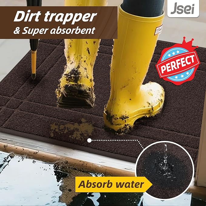 JSEI Entryway Rugs Doormat 36"x60", Non-Slip Dirt Trapper Door Mats Indoor, Washable Absorbent and Stain Resist Welcome Floor Mat for Front Door, Dog Door Mat, Muddy Wet Shoes & Paws, Brown