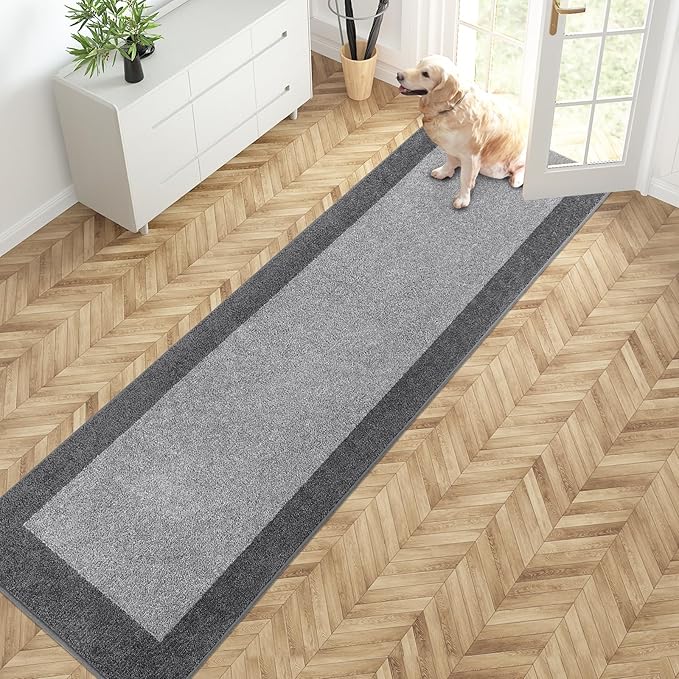 PURRUGS Dirt Trapping Door Mat 24" x 96", Non-Slip Machine Washable Entry Rug, Entrance Mat, Indoor Front Door Mat, Super Absorbent Entryway Rug for Muddy Shoes & Paws, Light Grey & Grey