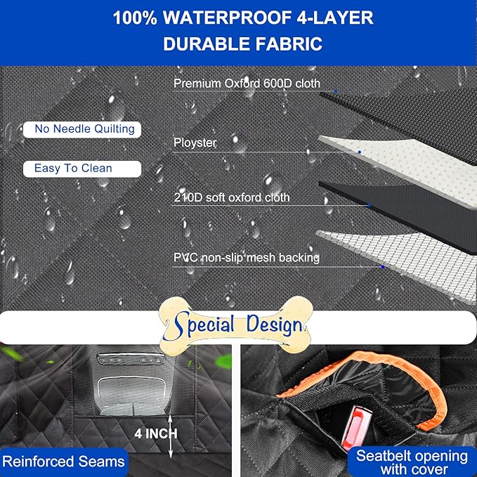 EasyHaWei Dog Car Seat Cover for Back Seat 600D Scratchproof Nonslip Durable Waterproof Cars Pet Backseat Covers with Mesh Window Dogs Hammock for Car，SUV, Truck (54" W x 58" L)