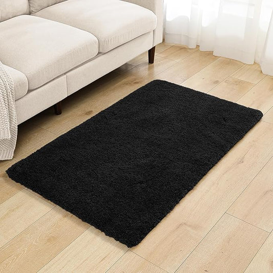 Black Bathroom Rug 30"x50" - Large Bath Mat for Bathroom Floor, Fluffy Microfiber Plush Rug, Non Slip and Washable - Great for Living Room, Bedroom or Kitchen Mat