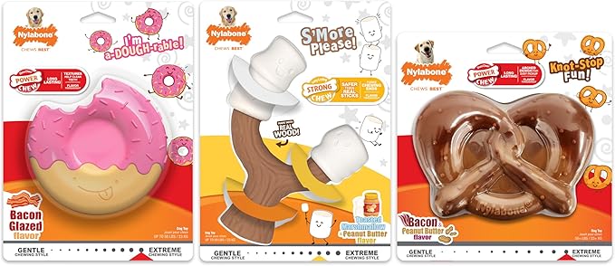 Nylabone Power Chew Toy Bundle, Cute Dog Toys for Aggressive Chewers, Bacon Glazed, Toasted Marshmallow, and Peanut Butter Flavors, Large Dogs - Up to 50 lbs, 3 Pack