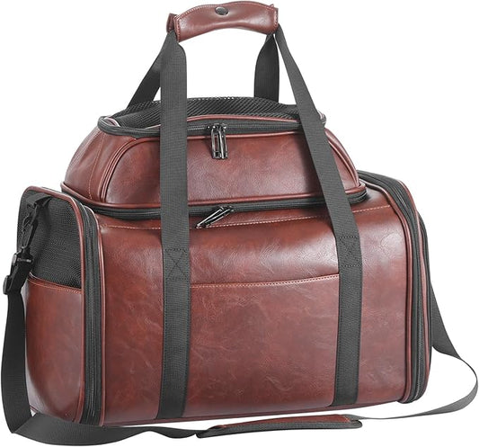 Bosnanller Premium Leather Top Expandable Pet Carrier for Small Dogs & Cats Under 15 lbs, Airline Approved Collapsible Soft-Sided Luxury Travel Bag Coffee