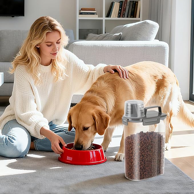 LEAWALK 3-5Lbs Airtight Small Cat Dog Pet Food Storage Containers BPA Free, with Large Pour Spout/1 Measuring Cup/4 Safety Locks and Double-layer Silicone Strip (Olive Gray 2Pack