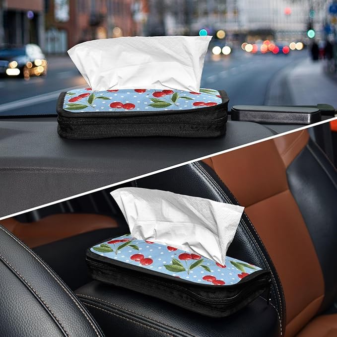 Car Tissue Holder Car Napkin Holder Car Tissue Box Dispenser Storage Case Sun Visor Mask Holder with Adjustable Straps Reusable Refillable Light Blue Dots Red Cherry