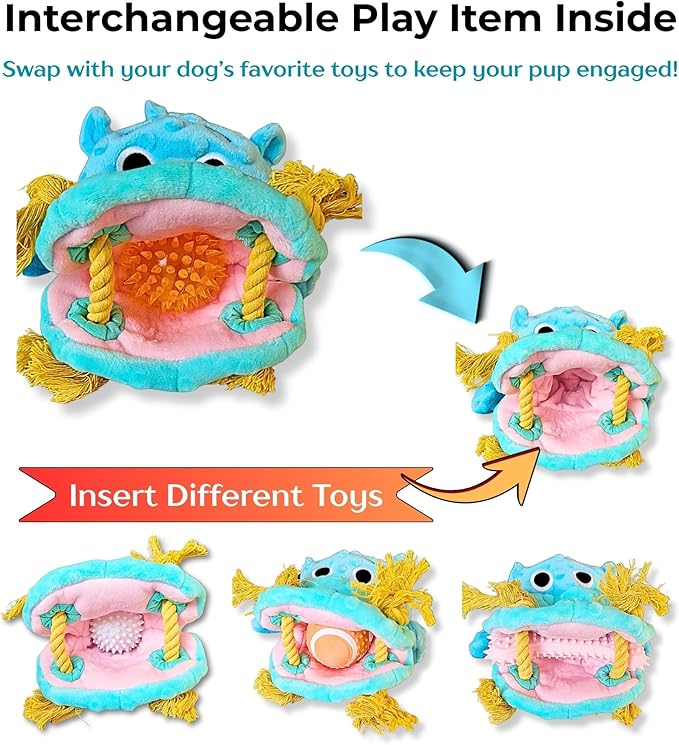 4 in 1 Squeaky Dog Toy – No Stuffing Dog Toy - Big Squeaker, Ropes and Surprise ball-like play item for Small, Medium & Large Breeds–for Chewing, Teething & Fetch–Durable Pet-Safe Materials-Blue Hippo