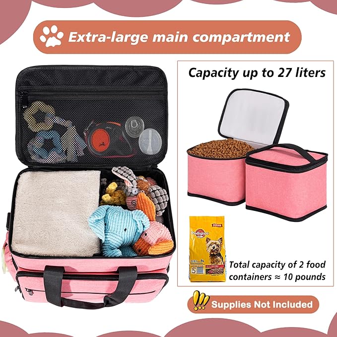 5 Set Dog Travel Bag for Supplies, Dog Lovers, Large Pet Travel Kit Includes 2 Food Containers, 2 Collapsible Bowls, Pink