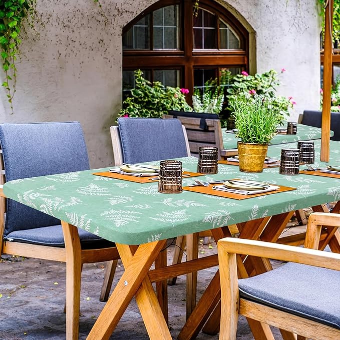 misaya Rectangle Vinyl Tablecloth, Fitted Table Cover, 100% Waterproof, Elastic Edge, Plastic Table Cloth Fit 6 Foot Folding Tables for Picnic, Camping, Outdoor (Light Green Leaves, 30x72 inch)