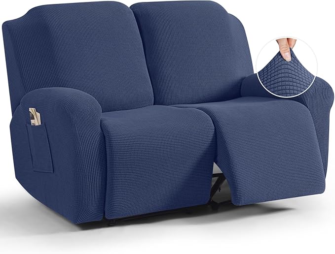 TAOCOCO Recliner Loveseat Slipcover, 6 Pieces Dual Recliner Sofa Covers for 2 Seat Dual Reclining Loveseat Couch, Stretch Soft Jacquard Pattern Furniture Protector with Elasticity (Navy Blue)