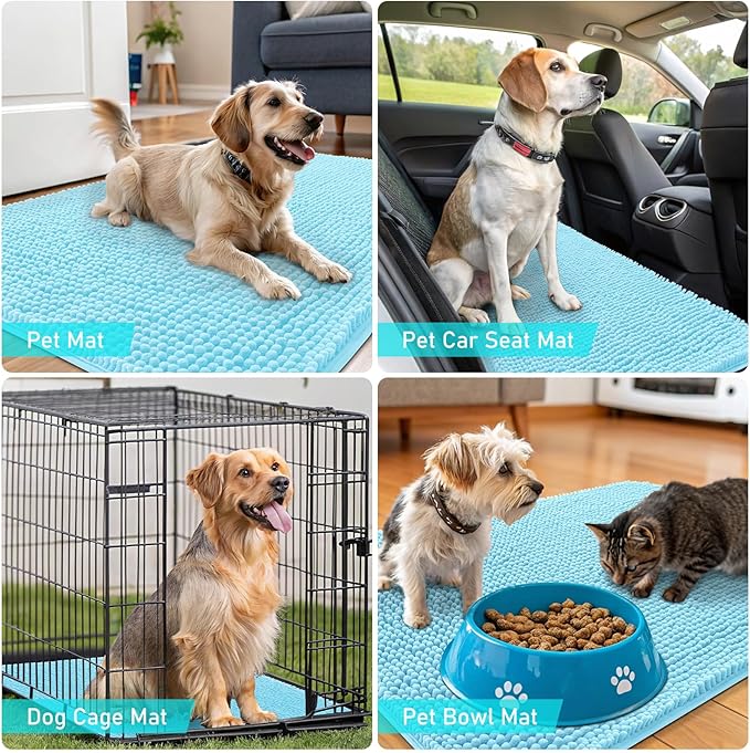 OLANLY Dog Door Mat for Muddy Paws 30x17, Absorbs Moisture and Dirt, Absorbent Non-Slip Washable Doormat, Quick Dry Chenille Mud Mat for Dogs, Entry Indoor Entryway Carpet for Inside Floor, Blue